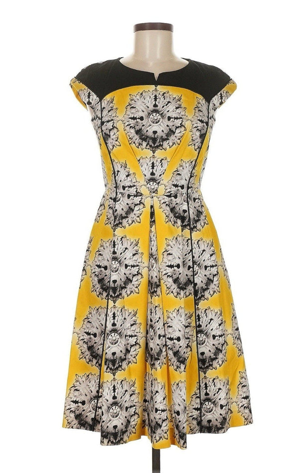 Mantu Women's Yellow & Black Printed Cotton Blend Dress – US 8 / IT 40