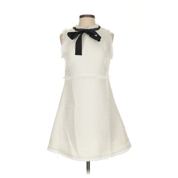 Unbranded Women's Ivory White Sleeveless Tweed Mini Dress with Black Ribbon Neck Size Small