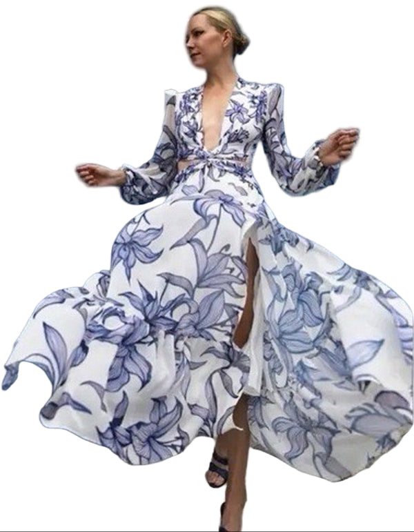 PatBO Women’s Stargazer Blue & White Floral Plunge Maxi Dress – Size Large