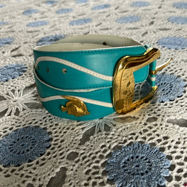 VTG Escada teal blue gold medallion fish belt 36