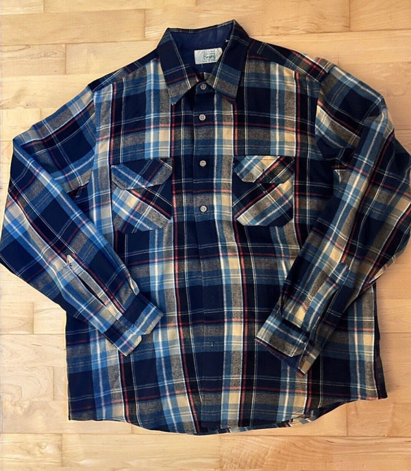 70s 80s SEARS FLANNEL WORK SHIRT VTG PLAID BUTTON UP GRUNGE MENS Large 16-16.5