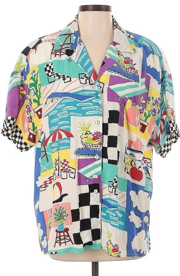 VTG Halle Women's Rainbow Postcard Print Silk Button-Down Shirt – Tropical Vacation Style – Size 8