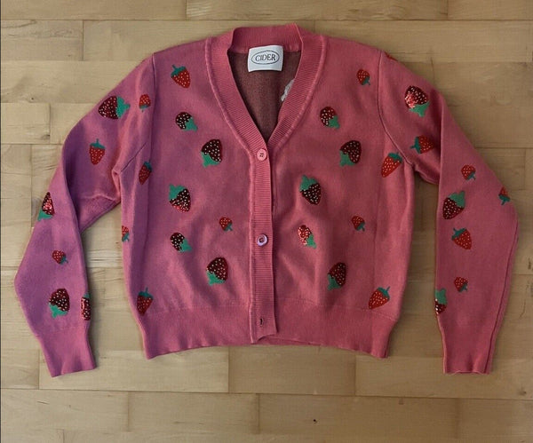 Cider Button Front Sequin Knit Strawberry Cardigan Sweater Pink Red Medium