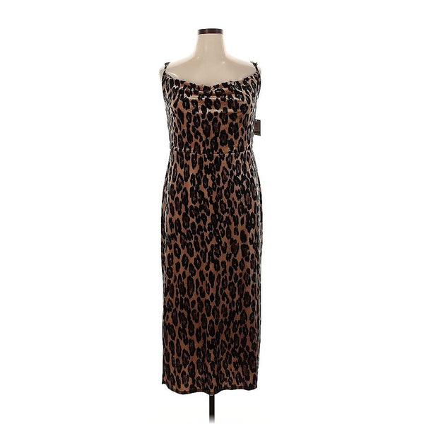 NWT Taylor Women's Leopard Animal-Print Sleeveless Velvet Midi Slip Dress – Tan/Brown, Size 16