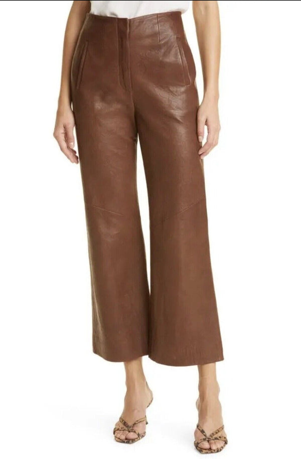 Veronica Beard Women's High Rise Wide Leg Crop Leather Pants - Brown, Size 8