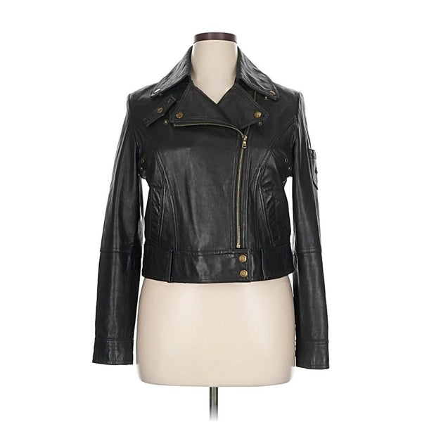 Guess Women’s Black Leather Moto Jacket with Gold Zipper – Size XL