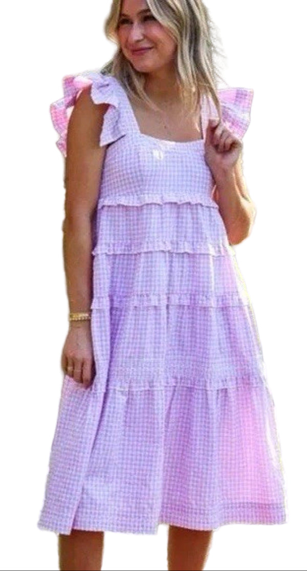 J. Marie Women’s Melinda Purple Pink Gingham Maxi Ruffle Dress Size Medium– Feminine & Flowy