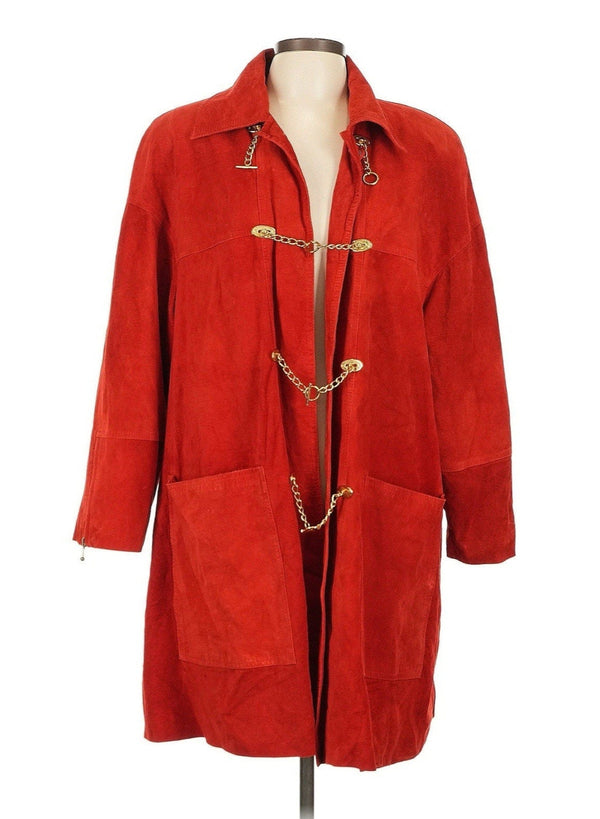VTG suzelle Women's  Red Leather Suede Long Swing Coat Gold Toggles Medium