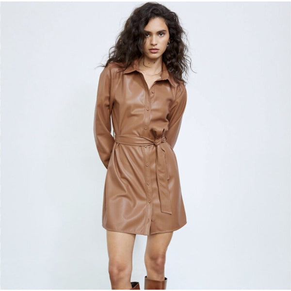 Aritzia Wilfred Tan Faux Leather Caroline Button Down Belted Dress Medium