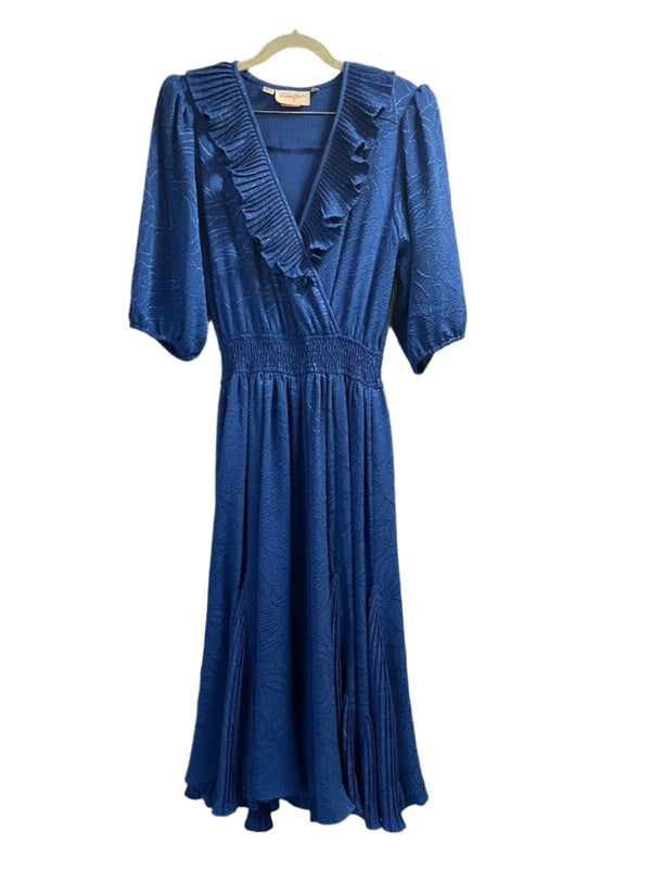 Vintage 80s Susan Fran Women's Blue Print Ruffle Midi/Maxi Dress - Medium