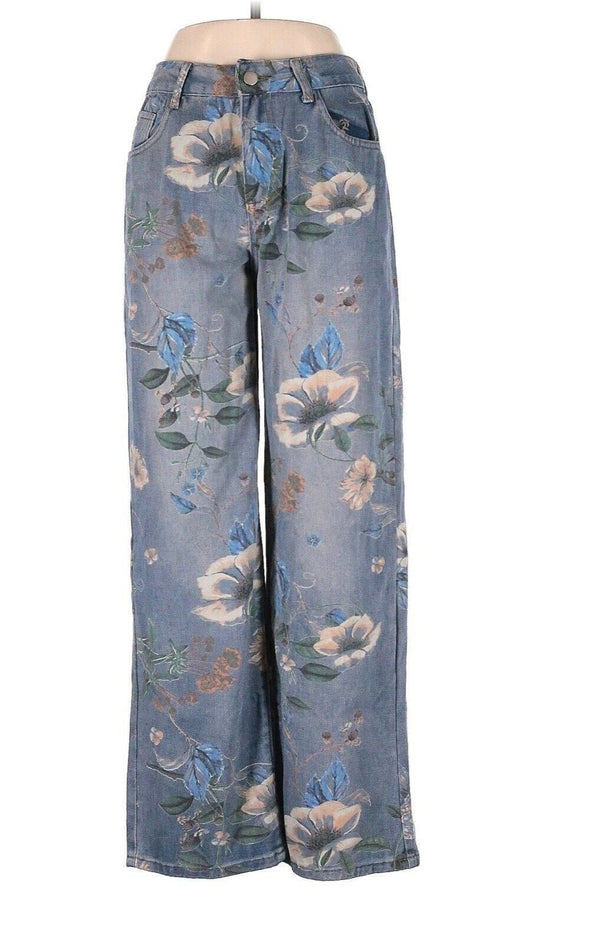 Unbranded Floral Wide Leg Straight Jeans Medium Blue Flower Floral