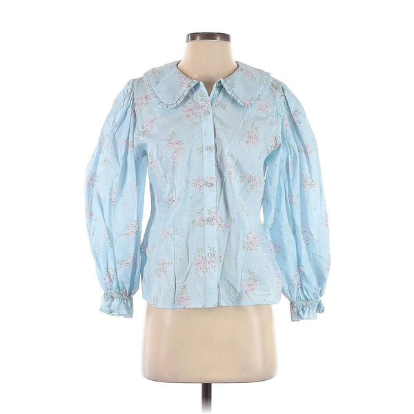 Selkie Women's Blue Floral Meadow Blouse – 3/4 Puff Sleeve, Collared – Size Small