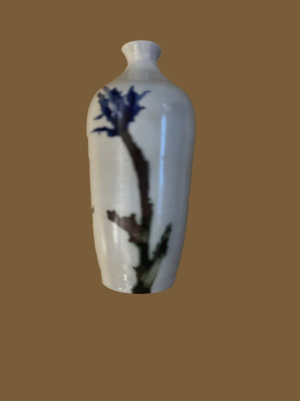 Unmarked Porcelain China Painted Blue White Cream Vase Flower Jar 9”