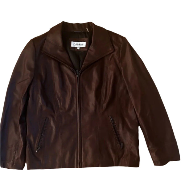 Cole Haan Women's Genuine Brown Leather Bomber Jacket with Collar, Zipper Closure, XL