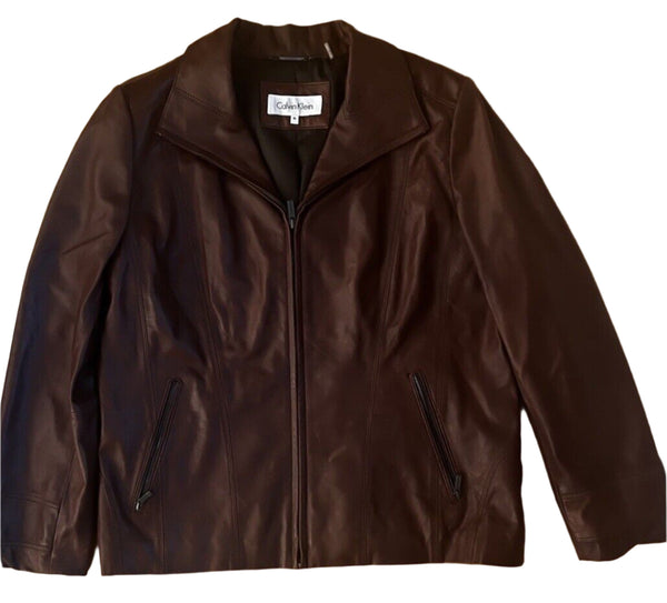 Calvin Klein Women’s Genuine Brown Leather Bomber Jacket – Zip Closure – Size XL
