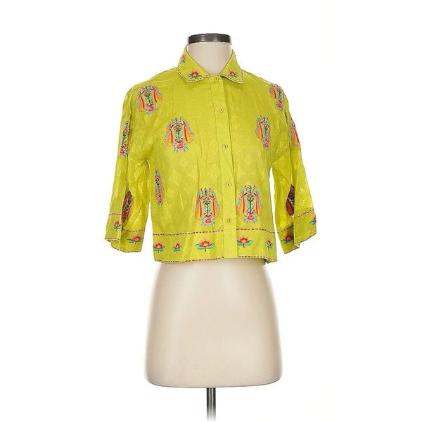 Nimo With Love Women's Neon Embroidered Bug Beetle Cropped Button-Down Top, Size XXS