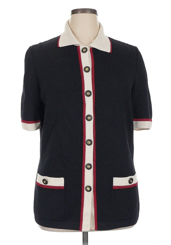 VTG St. John Women’s Collection Knit Collared Top – Black Red White Short Sleeve, Size Large
