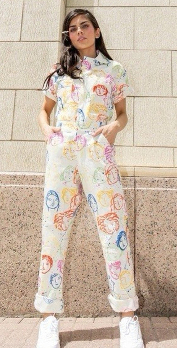 NWT My Little Belleville Women’s Bowie Rainbow Faces Utility Jumpsuit Cream Small
