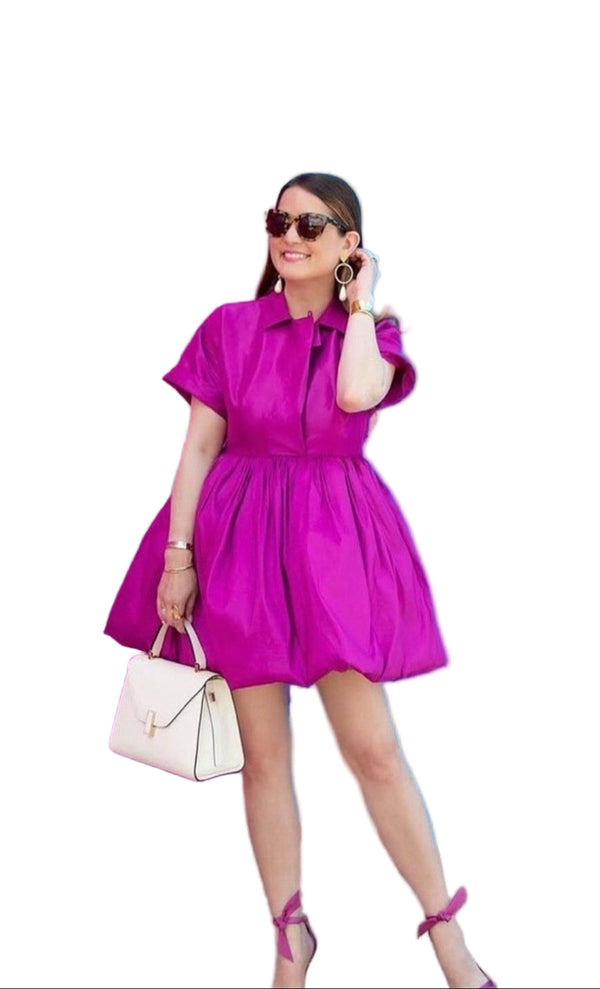 NWT Kimberly Goldson Women’s Vibrant Pink Puff Sleeve Mini Dress