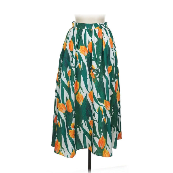 Beulah Green Orange Tulip Floral Tropical Print A Line Midi Skirt L