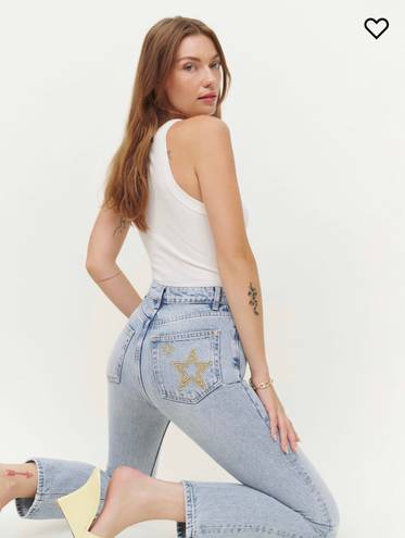 Reformation Women's Star Embroidered Sloan High-Waist Straight-Leg Jeans Size 28