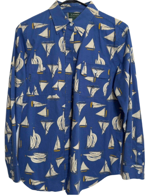 VTG Lauren Ralph Lauren Women's Sailboat Cotton Blue Western Nautical Shirt Medium