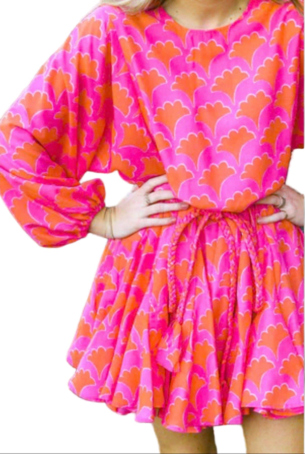 J Marie Women’s Clementine Pink Orange Print Rope Long Sleeve Mini Dress Size Medium