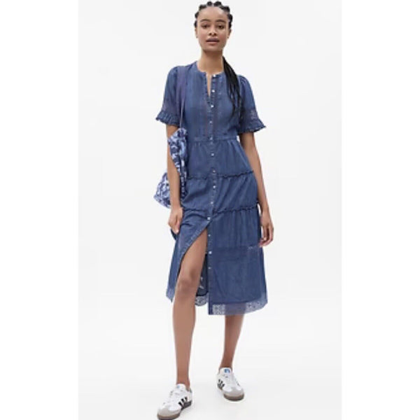 NWT Gap LoveShackFancy Denim Tiered Midi Button Front Dress Size M