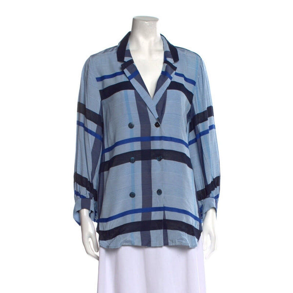 Lela Rose Women's Oversized Blue Plaid Double-Breasted Top with Balloon Sleeves, Size 6