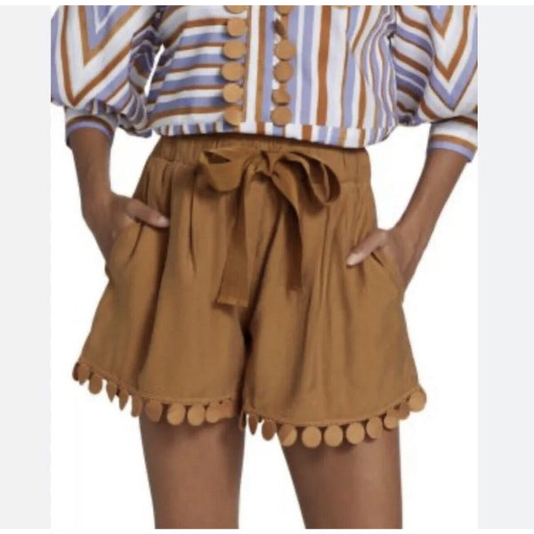 SILVIA TCHERASS Georgio Short Tan Camel Fringe Circle Trim SHORTS Lined XS