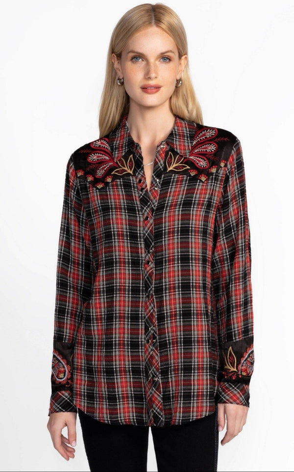 Johnny Was Women's Puff Sleeve Western Shirt – Red Buffalo Check – XS