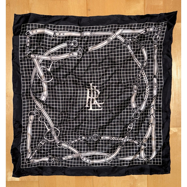 Lauren Ralph Lauren Black White Ribbon Equestrian Horsebit Strap Scarf Silk 21”