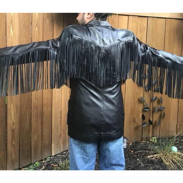 VTG Geronimo Women’s Black Leather Fringe Western Jacket – Made in Mexico, Size XL