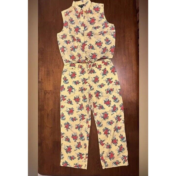 VTG Ralph Lauren Yellow Rose Flower Print Sleeveless Top Capri Pants Set M / 8