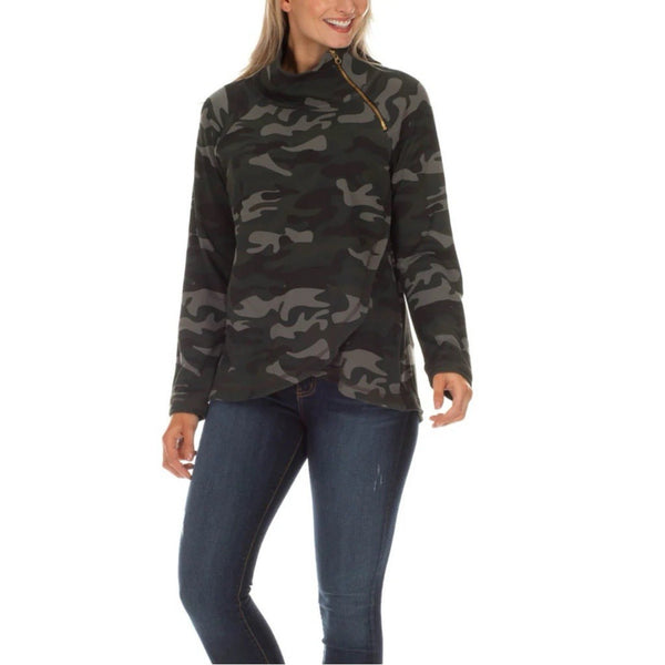 Duffield Lane Women’s Lexington Funnel Zipper Neck Camo Print Sweatshirt – Size Large