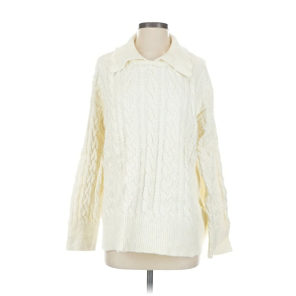 Free People Women's Laurel Cable Knit Collared Oversized Sweater Ivory Size Small