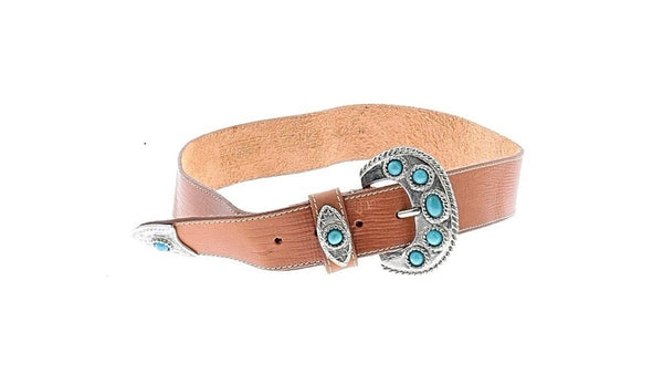 VTG Forenza Brown Leather Western Belt – Silver Hardware – Turquoise Bead – Medium