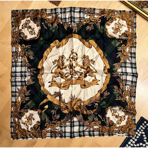 Ralph Lauren Crest White Silk Tartan Lions Gold Silk 35 X 35” Scarf