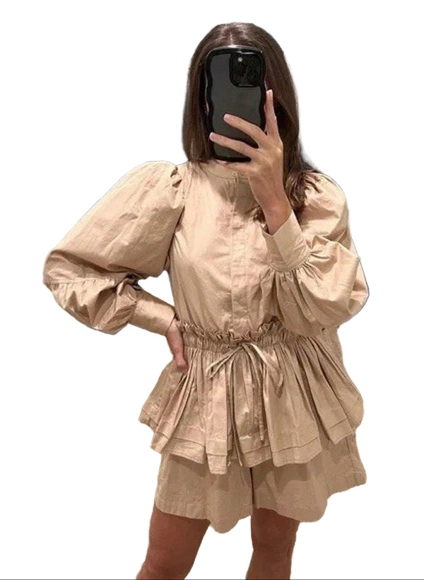 En Saison Women’s Tan Khaki Ruffle Sandrine Romper Size Large – Chic Mini One-Piece