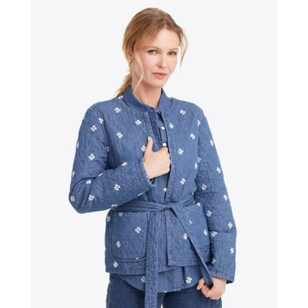 Draper James Reversible Belted Jacket Blue Floral Embroidered Chambray L