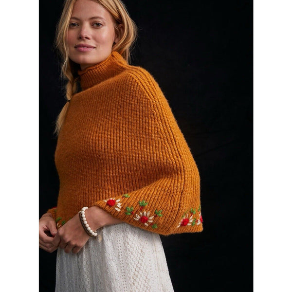 NWT Anthropologie Daisy Embroidered Gold/Orange Turtle Neck Poncho Size ALL