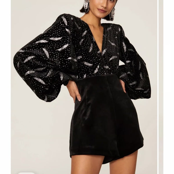 Bronx and Banco Maria Velvet Romper black Sparkle Long sleeve Shorts M