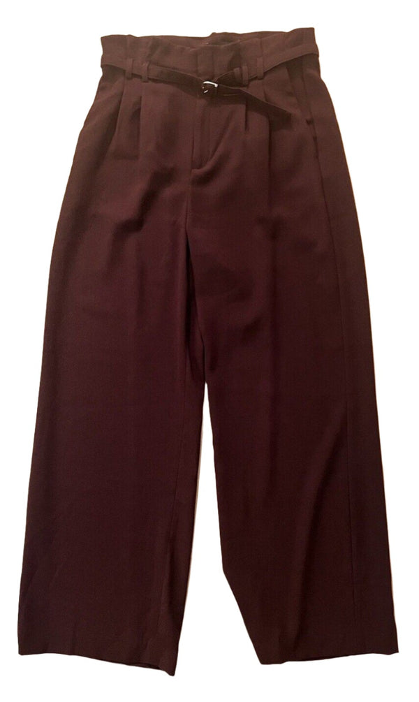 Express Women's Wide Leg High Rise Pants Belted, Fitted Waist - Burgundy, Size 8