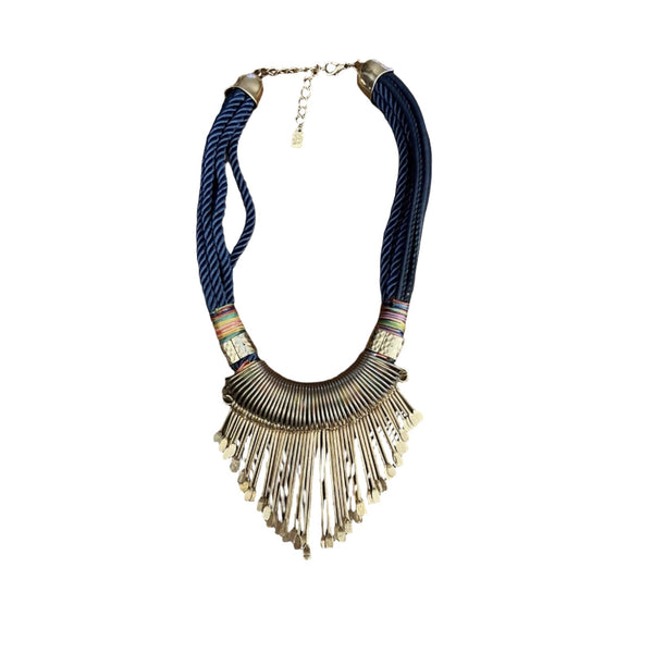 Navy Blue Rope Stick Necklace Bin Tribal Metal