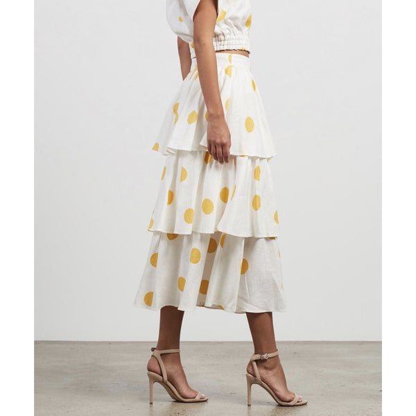 Rebecca Vallance Tiered White Yellow Polka Dot Aya Linen Midi Skirt 4