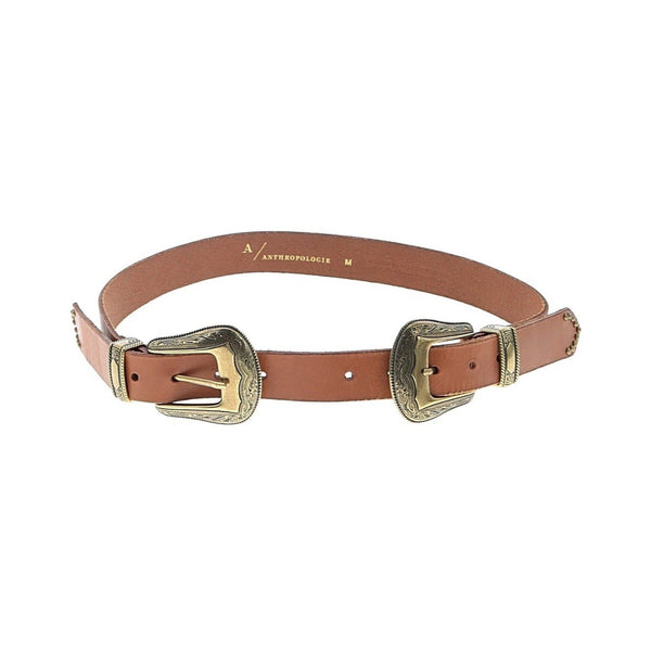 Anthropologie Leather Brown Gold Double Buckle Western Belt – Size Medium