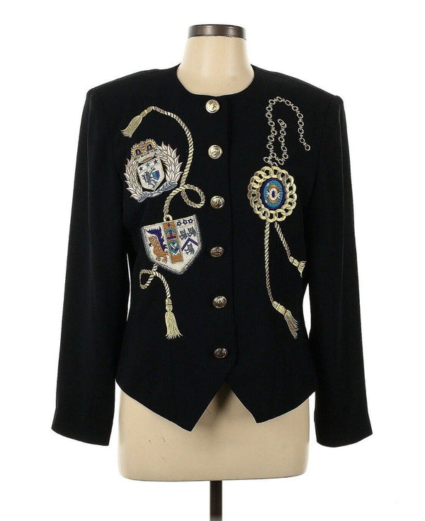 VTG Privata Women's Black Embroidery Blazer Jacket with Gold Patches and Crest, Size 12