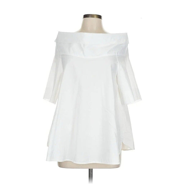 NWOT  Aspesi Women’s White Off-The-Shoulder 3/4 Sleeve Cotton Poplin Blouse, Size 42 (US 10)