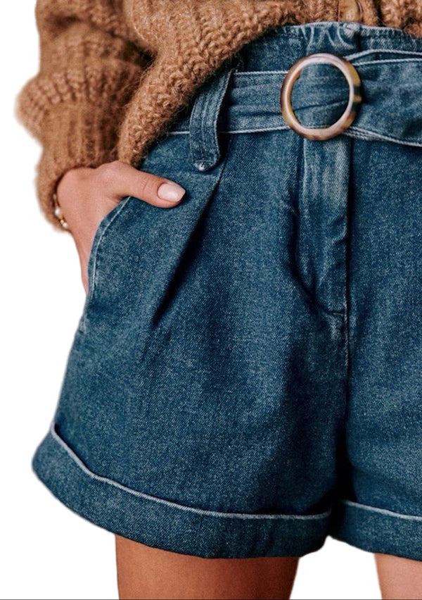 Sezane Women’s Rome High Waist Denim Shorts – Blue – Belted – Size 34 / US 2