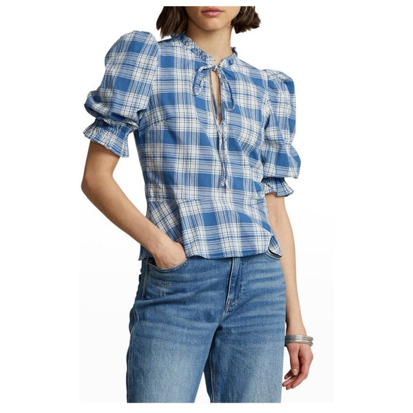 Polo Ralph Lauren Cassie Plaid Ruffle Peplum Blouse Top Blue Size 6 NWT $198 🔥